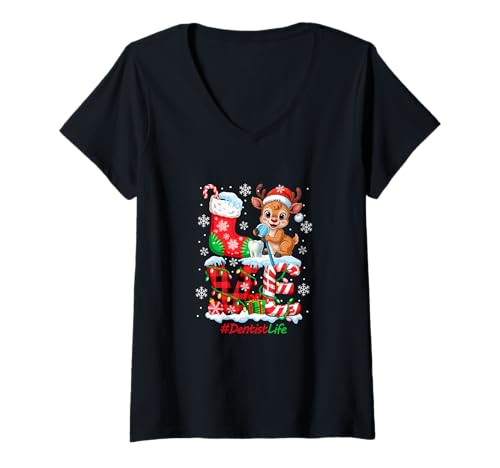 Damen Love Dentist Tools Christmas Santa Reindeer Funny Job Team T-Shirt mit V-Ausschnitt von Dentist Christmas Costume