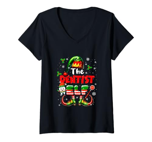 Damen Lustige Jobteam-Matching-Partys von The Dentist Elf zu Weihnachten T-Shirt mit V-Ausschnitt von Dentist Christmas Costume