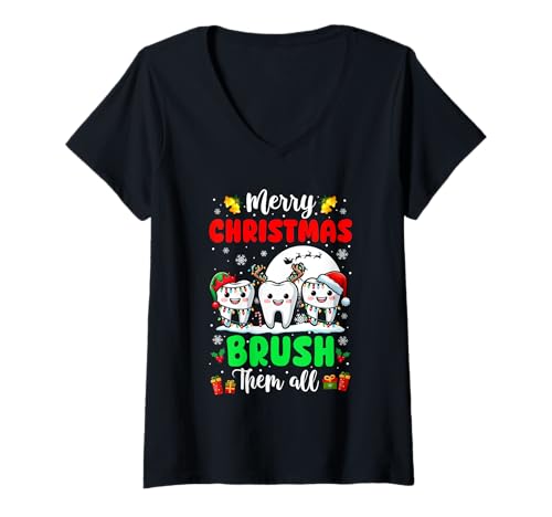 Damen Merry Christmas Brush All Dentist Team Three Funny Teeth T-Shirt mit V-Ausschnitt von Dentist Christmas Costume