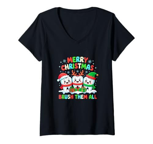 Damen Merry Christmas Brush All Santa Elf Reindeer Teeth Dentist T-Shirt mit V-Ausschnitt von Dentist Christmas Costume