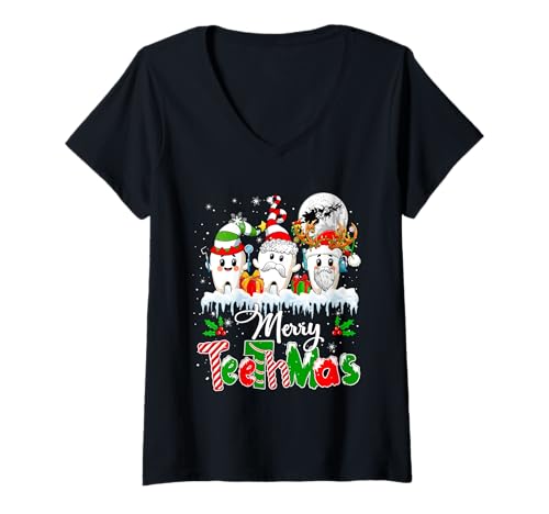 Damen Merry Teethmas Xmas Three Santa Elf Reindeer Teeth Dentist T-Shirt mit V-Ausschnitt von Dentist Christmas Costume
