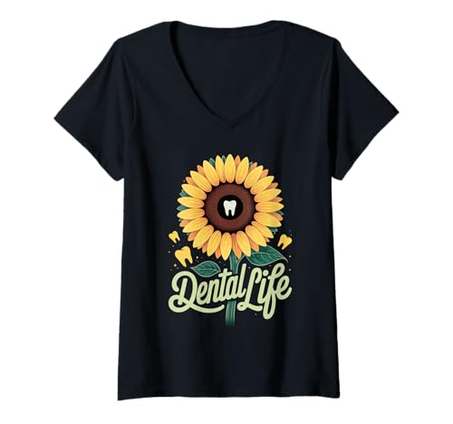 Damen Lustiger Zahnspruch Sonnenblume Zahn Leben Humor Frauen Männer T-Shirt mit V-Ausschnitt von Dentist Hygienist Assistant Dental Care Flower Fan