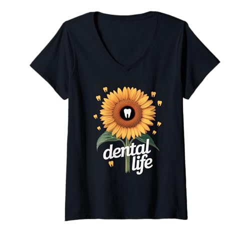 Damen Lustiger Zahnspruch Sonnenblume Zahn Leben Humor Frauen Männer T-Shirt mit V-Ausschnitt von Dentist Hygienist Assistant Dental Care Flower Fan