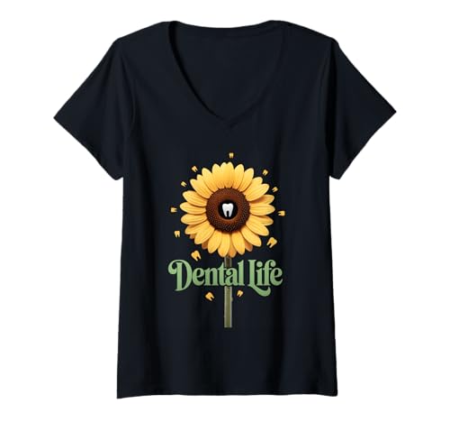 Damen Lustiger Zahnspruch Sonnenblume Zahn Leben Humor Frauen Männer T-Shirt mit V-Ausschnitt von Dentist Hygienist Assistant Dental Care Flower Fan