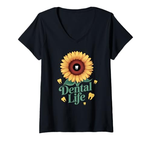 Damen Lustiger Zahnspruch Sonnenblume Zahn Leben Humor Frauen Männer T-Shirt mit V-Ausschnitt von Dentist Hygienist Assistant Dental Care Flower Fan