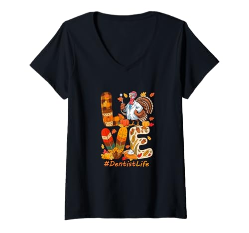 Damen Love Dentist Tools Thanksgiving Colorful Fall Leaves Turkey T-Shirt mit V-Ausschnitt Damen Love Dentist Tools Thanksgiving Colorful Fall Leaves Turkey T-Shirt mit V-Ausschnitt von Dentist Thanksgiving Costume
