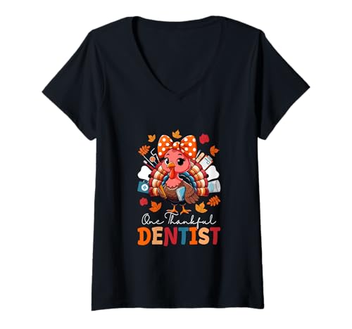 Damen One Thankful Dentist Thanksgiving Truthahn Fliege Damen T-Shirt mit V-Ausschnitt Damen One Thankful Dentist Thanksgiving Truthahn Fliege Damen T-Shirt mit V-Ausschnitt von Dentist Thanksgiving Costume