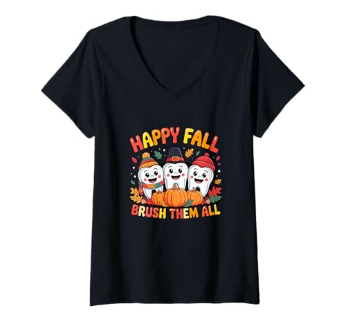 Damen Thanksgiving Fall Brush All Funny Teeth Dentist Pilgrim T-Shirt mit V-Ausschnitt Damen Thanksgiving Fall Brush All Funny Teeth Dentist Pilgrim T-Shirt mit V-Ausschnitt von Dentist Thanksgiving Costume