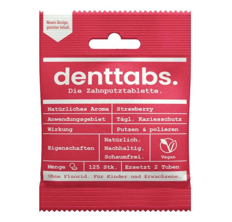 Denttabs Zahnpasta Zahnputztabletten - Strawberry ohne Fluorid 125Stk von Denttabs