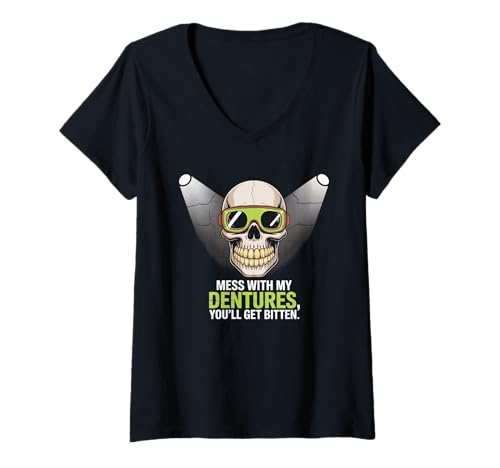 Damen Dentures Skull Funny Bite Back Sarcastic T-Shirt mit V-Ausschnitt von Dentures Skull Humor Creepy Comedy