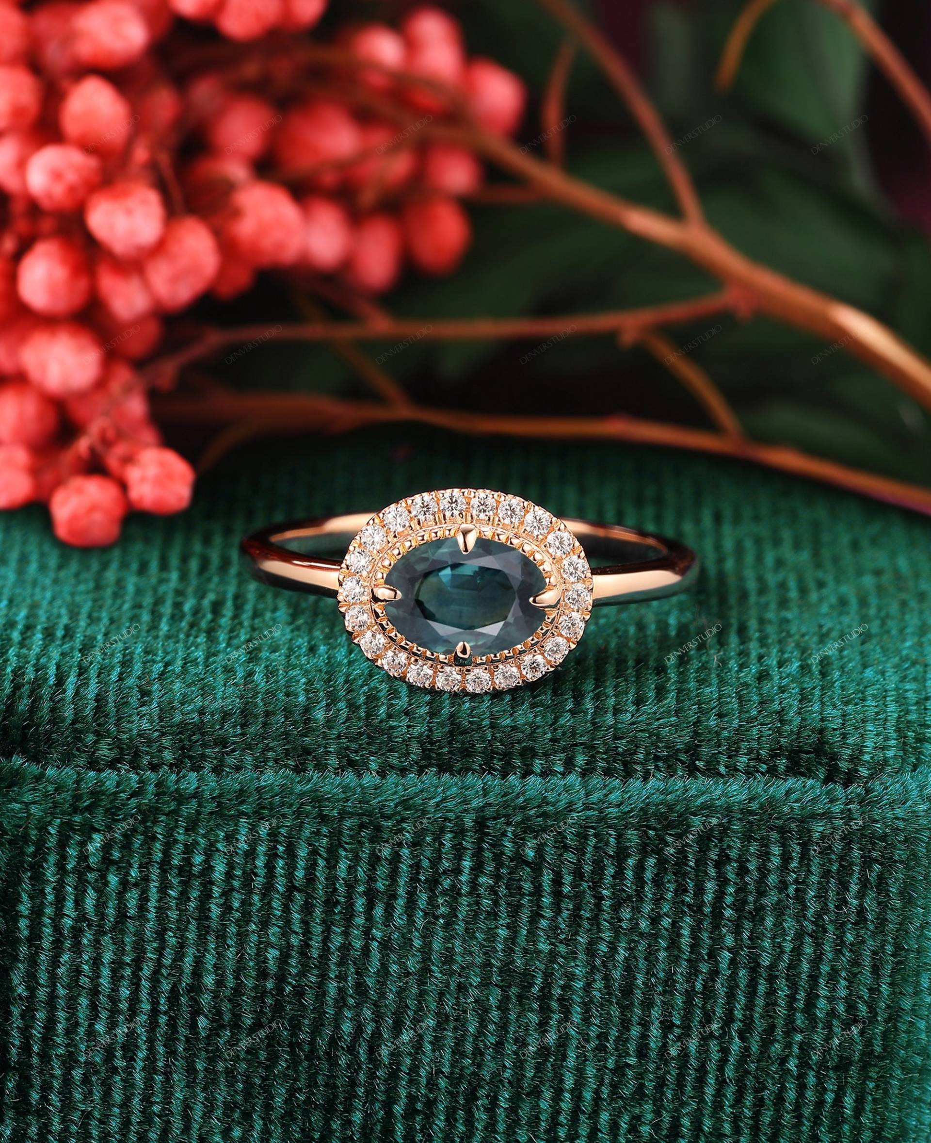 Blau Grün Saphir Verlobungsring, Diamant Cluster Ring Frauen, Antik 1.0Ct Oval Teal Vintage Rose Gold Halo von DenverStudio