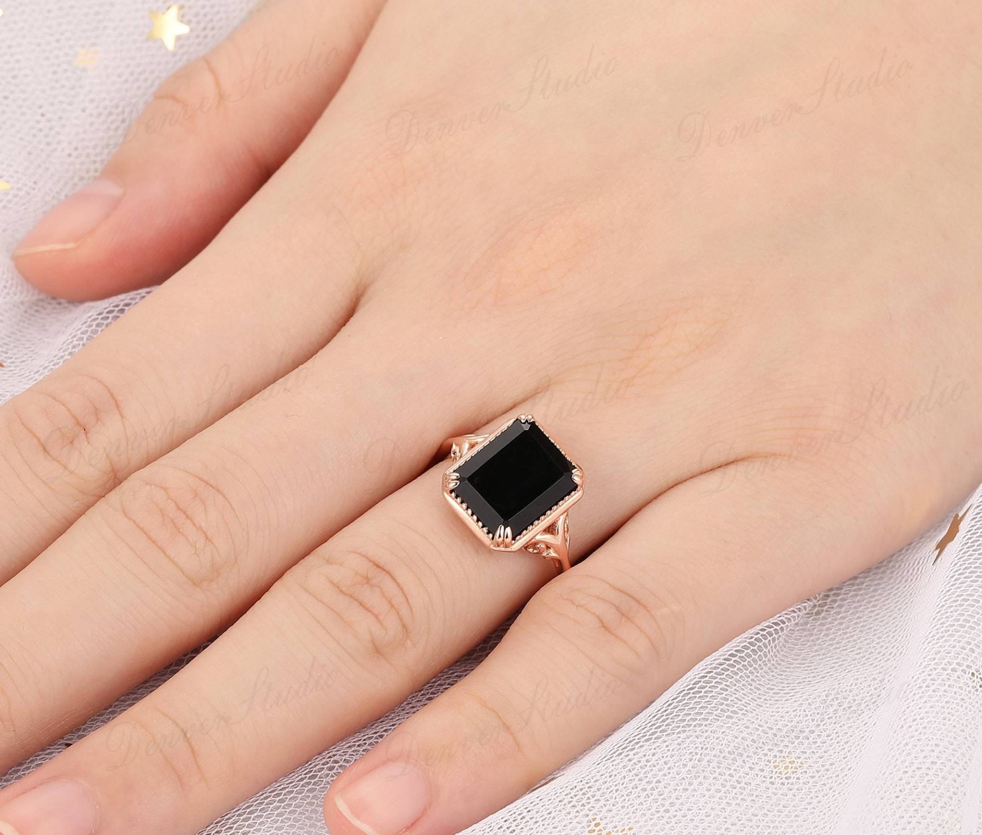 Solitärring, Verlobungsring Aus Schwarzem Achat, Antiker Ring Für Mädchen, 9x11mm Smaragdschliff Natürlicher Onyx-Ehering, Event-Ring von DenverStudio