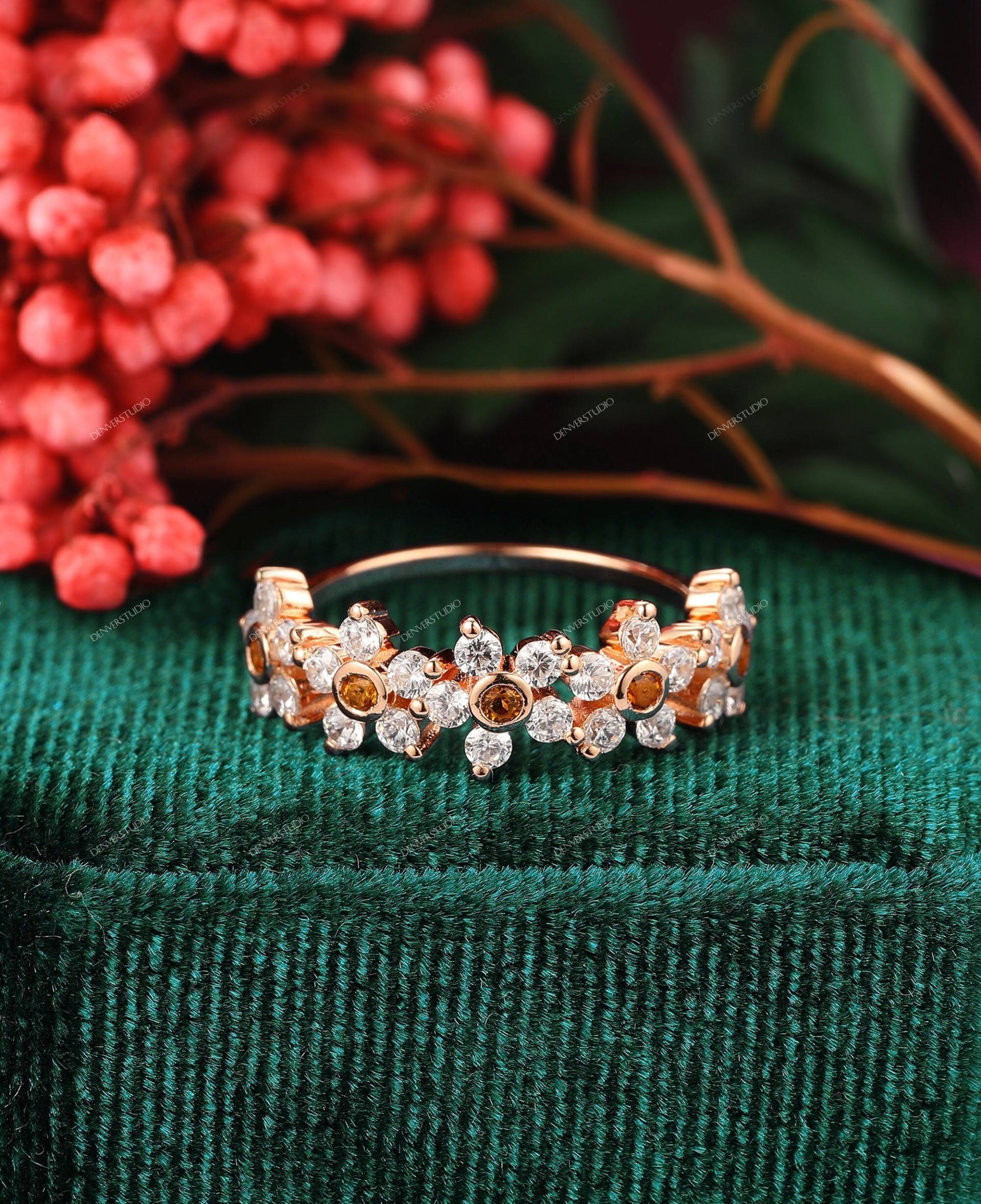 Zierliche Moissanit Ringe, Simulierte Diamant Ring Band, Ehering Rose Gold Passende Enhancer, Art Deco von DenverStudio