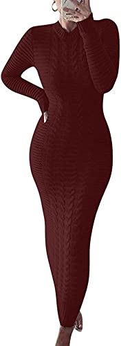 Denxahao Strickkleider Winter Lang Maxikleid Casual Einfarbiges Stretch Pulloverkleid Elegant Etuikleid Freizeitkleider Herbst Winter Langarm Kleid Eng Strick Bodycon Kleider von Denxahao