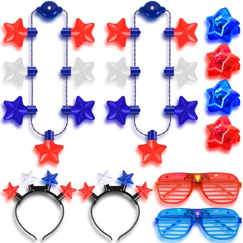 Denylo pro 4. Juli LED Halskette Zubehör mit rot-weißen und blauen Stern Halskette Haarband Brille Ringe für den vierten Juli Unabhängigkeitstag Paraden von Denylo pro