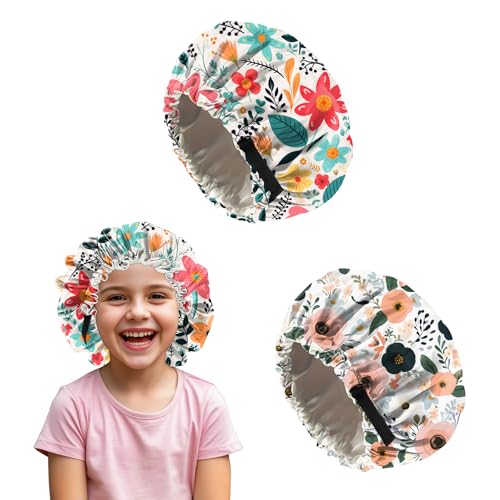 Deokke 2 Stück Kinder seidenhaube zum schlafen,verstellbare doppellagige Silk Bonnet Schlafhauben die ästhetisch und niedlich sind für Junge Und Mädchen(M23-Blume) von Deokke