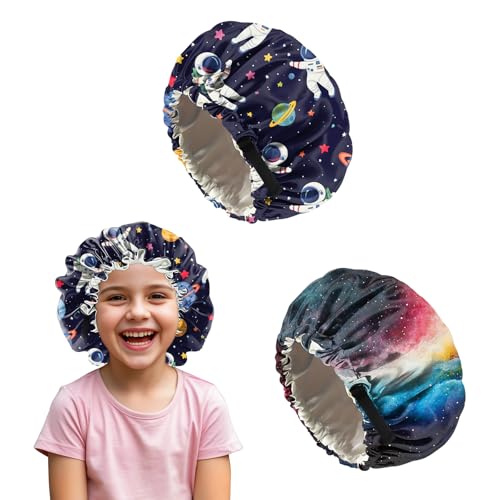 Deokke 2 Stück Kinder seidenhaube zum schlafen,verstellbare doppellagige Silk Bonnet Schlafhauben die ästhetisch und niedlich sind für Junge Und Mädchen(M9-Galaxie) von Deokke