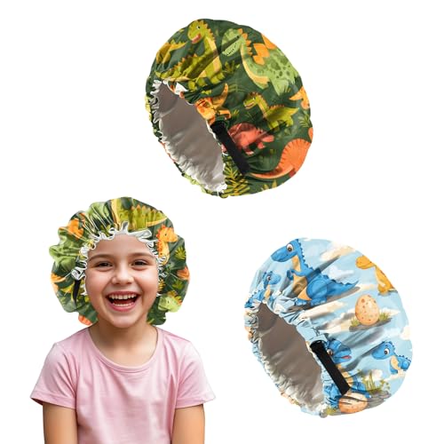 Deokke 2 Stück Kinder seidenhaube zum schlafen,verstellbare doppellagige Silk Bonnet Schlafhauben die ästhetisch und niedlich sind für Junge Und Mädchen (M22-Dinosaurier) von Deokke
