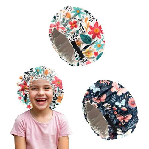 Deokke 2 Stück Kinder seidenhaube zum schlafen,verstellbare doppellagige Silk Bonnet Schlafhauben die ästhetisch und niedlich sind für Junge Und Mädchen (M4-Rote Blume) von Deokke