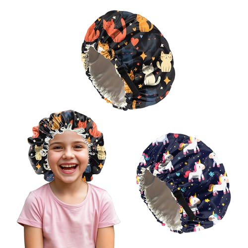 Deokke 2 Stück Kinder seidenhaube zum schlafen,verstellbare doppellagige Silk Bonnet Schlafhauben die ästhetisch und niedlich sind für Junge Und Mädchen (M7-Bunte Katze) von Deokke