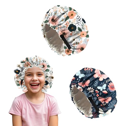 Deokke 2 Stück Kinder seidenhaube zum schlafen,verstellbare doppellagige Silk Bonnet Schlafhauben die ästhetisch und niedlich sind für Junge Und Mädchen (M2-Blume) von Deokke