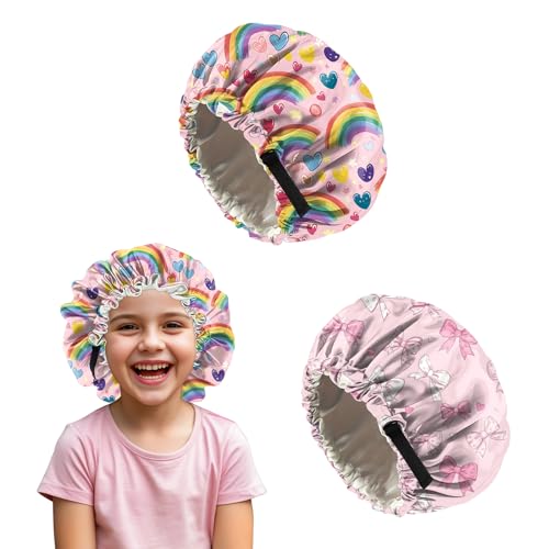 Deokke 2 Stück Kinder seidenhaube zum schlafen,verstellbare doppellagige Silk Bonnet Schlafhauben die ästhetisch und niedlich sind für Junge Und Mädchen(M24-Niedliche Schleife) von Deokke