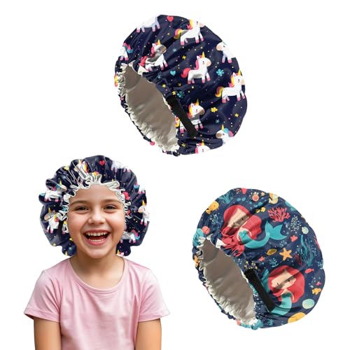 Deokke 2 Stück Kinder seidenhaube zum schlafen,verstellbare doppellagige Silk Bonnet Schlafhauben die ästhetisch und niedlich sind für Junge Und Mädchen(M5-Meerjungfrauenmotiv) von Deokke