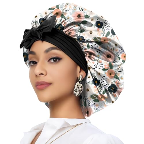 Deokke Satin Haarhaube Bonnet,eine Doppellagig Satinhaube zum Schlafen mit elastischem Bindeband Schlafmütze Satin Bonnet für Damen und Mädchen(A1-Blumenmuster) von Deokke