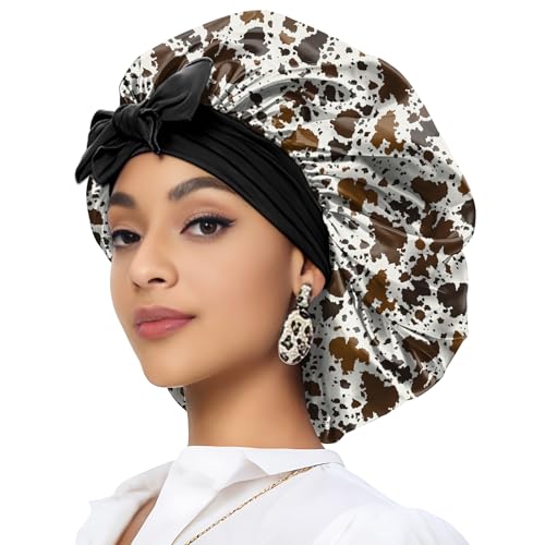 Deokke Satin Haarhaube Bonnet,eine Doppellagig Satinhaube zum Schlafen mit elastischem Bindeband Schlafmütze Satin Bonnet für Damen und Mädchen(A11-Rindsleder) von Deokke