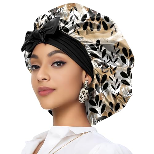 Deokke Satin Haarhaube Bonnet,eine Doppellagig Satinhaube zum Schlafen mit elastischem Bindeband Schlafmütze Satin Bonnet für Damen und Mädchen(A13-Blattmuster) von Deokke