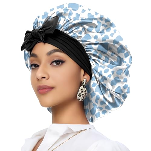 Deokke Satin Haarhaube Bonnet,eine Doppellagig Satinhaube zum Schlafen mit elastischem Bindeband Schlafmütze Satin Bonnet für Damen und Mädchen(A15-Blaue Kuh) von Deokke