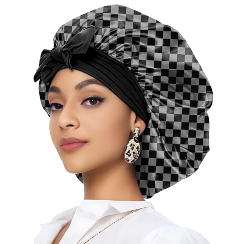 Deokke Satin Haarhaube Bonnet,eine Doppellagig Satinhaube zum Schlafen mit elastischem Bindeband Schlafmütze Satin Bonnet für Damen und Mädchen(A17-Schwarz/Grau kariert) von Deokke