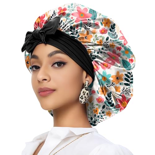 Deokke Satin Haarhaube Bonnet,eine Doppellagig Satinhaube zum Schlafen mit elastischem Bindeband Schlafmütze Satin Bonnet für Damen und Mädchen(A2-rote Blume) von Deokke