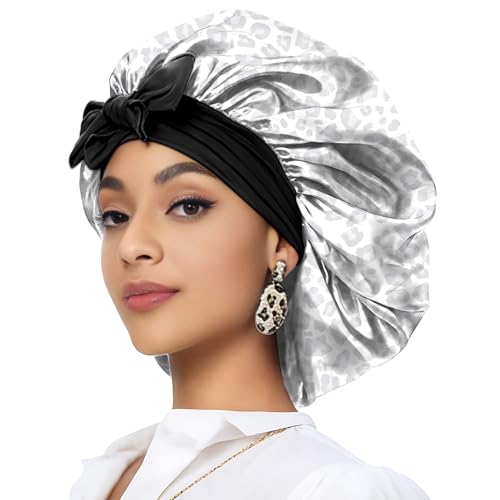 Deokke Satin Haarhaube Bonnet,eine Doppellagig Satinhaube zum Schlafen mit elastischem Bindeband Schlafmütze Satin Bonnet für Damen und Mädchen(A20-Grau, Gepard, Leopard) von Deokke