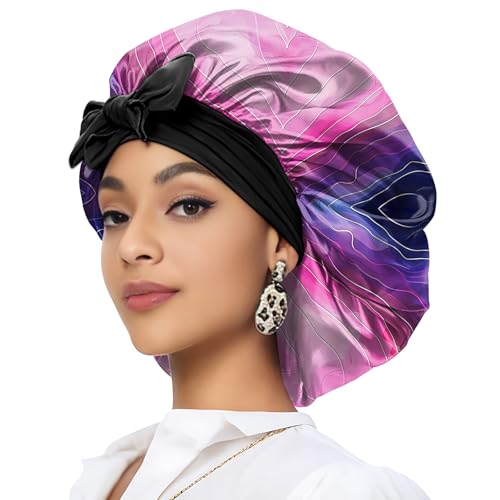 Deokke Satin Haarhaube Bonnet,eine Doppellagig Satinhaube zum Schlafen mit elastischem Bindeband Schlafmütze Satin Bonnet für Damen und Mädchen(A8-Herz) von Deokke
