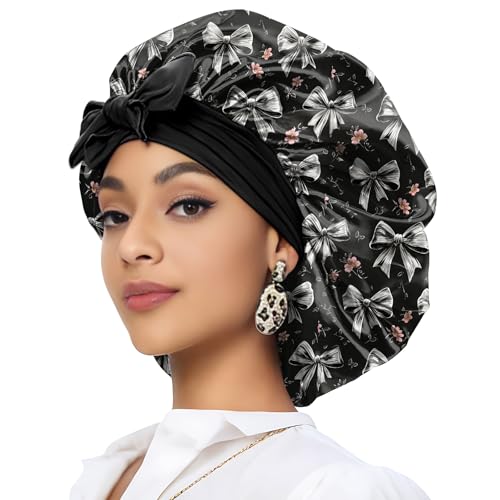 Deokke Satin Haarhaube Bonnet,eine Doppellagig Satinhaube zum Schlafen mit elastischem Bindeband Schlafmütze Satin Bonnet für Damen und Mädchen(A7-Schwarz-graue Schleife) von Deokke
