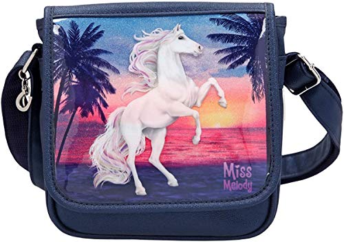 Depesche 10589 Miss Melody - Kleine Umhängetasche mit traumhaftem Pferde-Motiv, dunkelblaue Handtasche mit längenverstellbarem Tragegurt und Überschlag, ca. 6 x 20 x 20 cm von Depesche