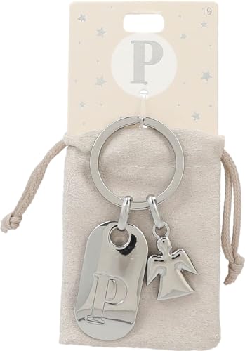 Depesche 11800-019 Silberner Schlüsselanhänger mit Buchstabe P und Schutzengel, Zinklegierung, inkl. farbigem Samtbeutel von Depesche