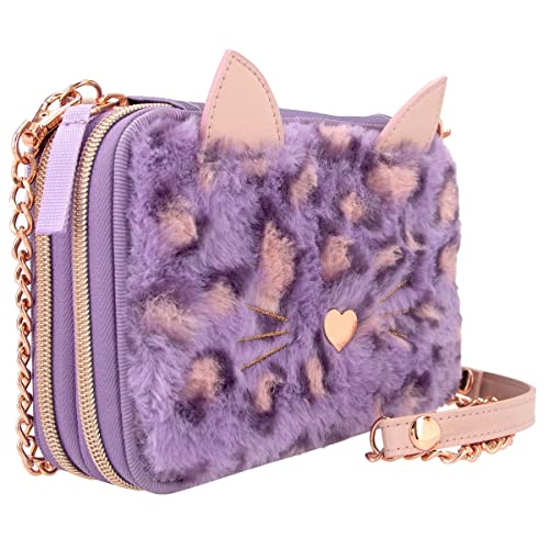 Depesche 12149 TOPModel Lilac Leo Love - Gefüllte 2-Fach Federtasche zum Umhängen, mit Plüsch in Lila, Leo-Print und Ohren, Federmäppchen mit Buntstiften, Lineal, Schere uvm. von Depesche