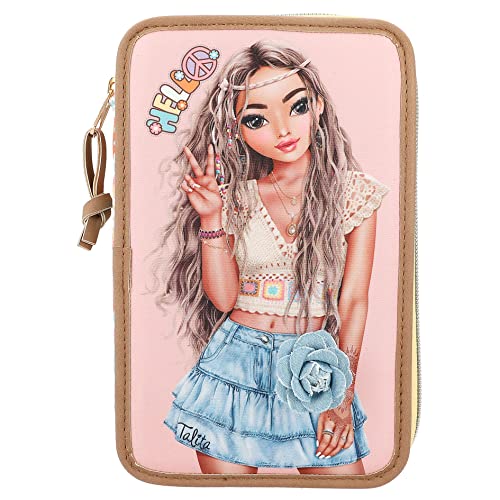 Depesche 12378 TOPModel Hippie Heart - Gefüllte 3-Fach Federtasche mit Model-Motiv und Print in Häkel-Optik, Federmäppchen mit Buntstiften, Schere, Lineal uvm. von Depesche