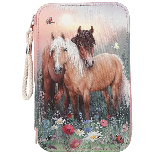 Depesche 12869 Miss Melody Flowers - Gefüllte 3-Fach Federtasche in Rosa, mit Pferde Motiv, Federmappe mit Buntstiften, Lineal, Schere uvm., 0012869 von Depesche