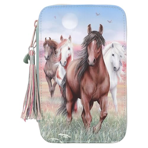 Depesche 13121 Miss Melody Hoof Clatter - Gefüllte 3-Fach Federtasche in Blassgrün, mit Pferde Motiv, Federmappe mit Buntstiften, Lineal, Schere uvm., Mehrfarbig von Depesche