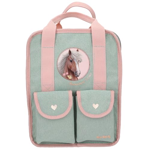Depesche 13406 Miss Melody Romantic Fields - Rucksack in Grün und Rosa, mit Pferde Patch und Glitzer, Tasche mit verstellbaren Trägern von Depesche