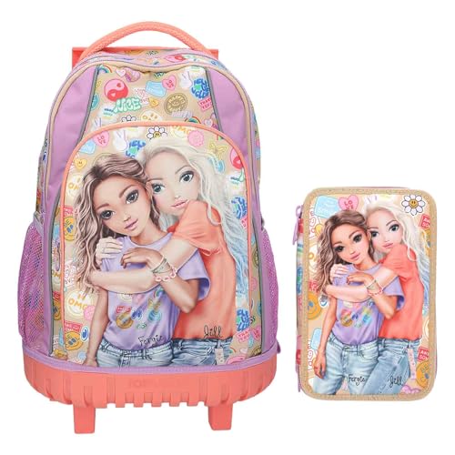Depesche – TOPModel Girl Power – Schulrucksack Trolley und 3-Fach-Federtasche, mit Model Motiv und Blumen Muster, Schultasche mit verstellbaren Trägern, Federmappe mit Buntstiften, Schere, Lineal uvm. von Depesche