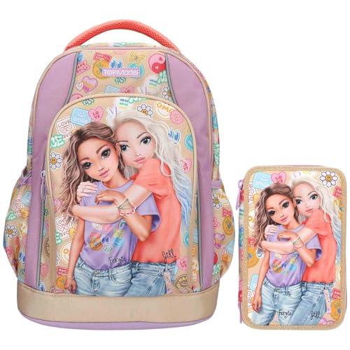 Depesche – TOPModel Girl Power – Schulrucksack und 3-Fach-Federtasche, mit Model Motiv und Blumen Muster, Schultasche mit verstellbaren Trägern, Federmappe mit Buntstiften, Schere, Lineal UVM. von Depesche
