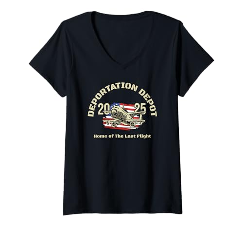 Damen Deportation Depot - The Last Flight. Patriotic Flag & Plane T-Shirt mit V-Ausschnitt Damen Deportation Depot - The Last Flight. Patriotic Flag & Plane T-Shirt mit V-Ausschnitt von Deportation Depot Apparel