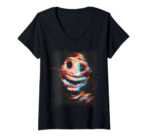 Damen Creepy Face Digital Horror Glitch Distressed Cyber Goth T-Shirt mit V-Ausschnitt von Depressed Clothes Glitchcore Vaporwave Clothing