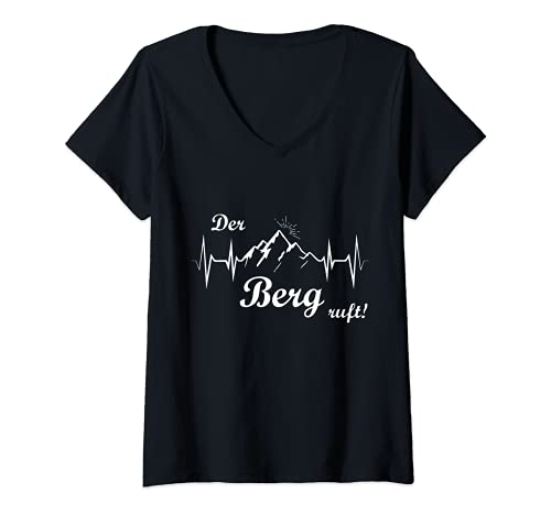 Damen Der Berg ruft Herzschlag Puls Spruch Wandern EKG Alpen Berge T-Shirt mit V-Ausschnitt von Der Berg ruft Bergsteiger T-Shirts