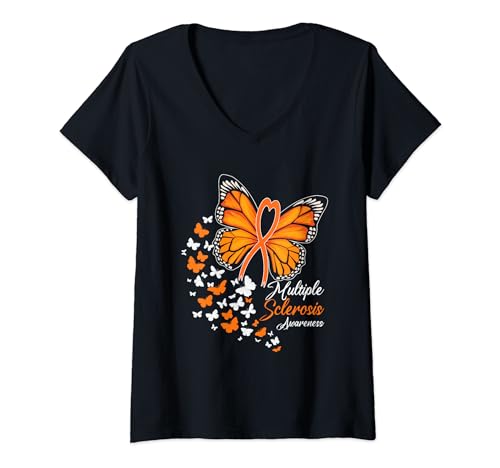 Damen Multiple Sklerose-Bewusstseinsmonat Schmetterling Orange T-Shirt mit V-Ausschnitt von Der Orange Ribbon MS Awareness Apparel Store