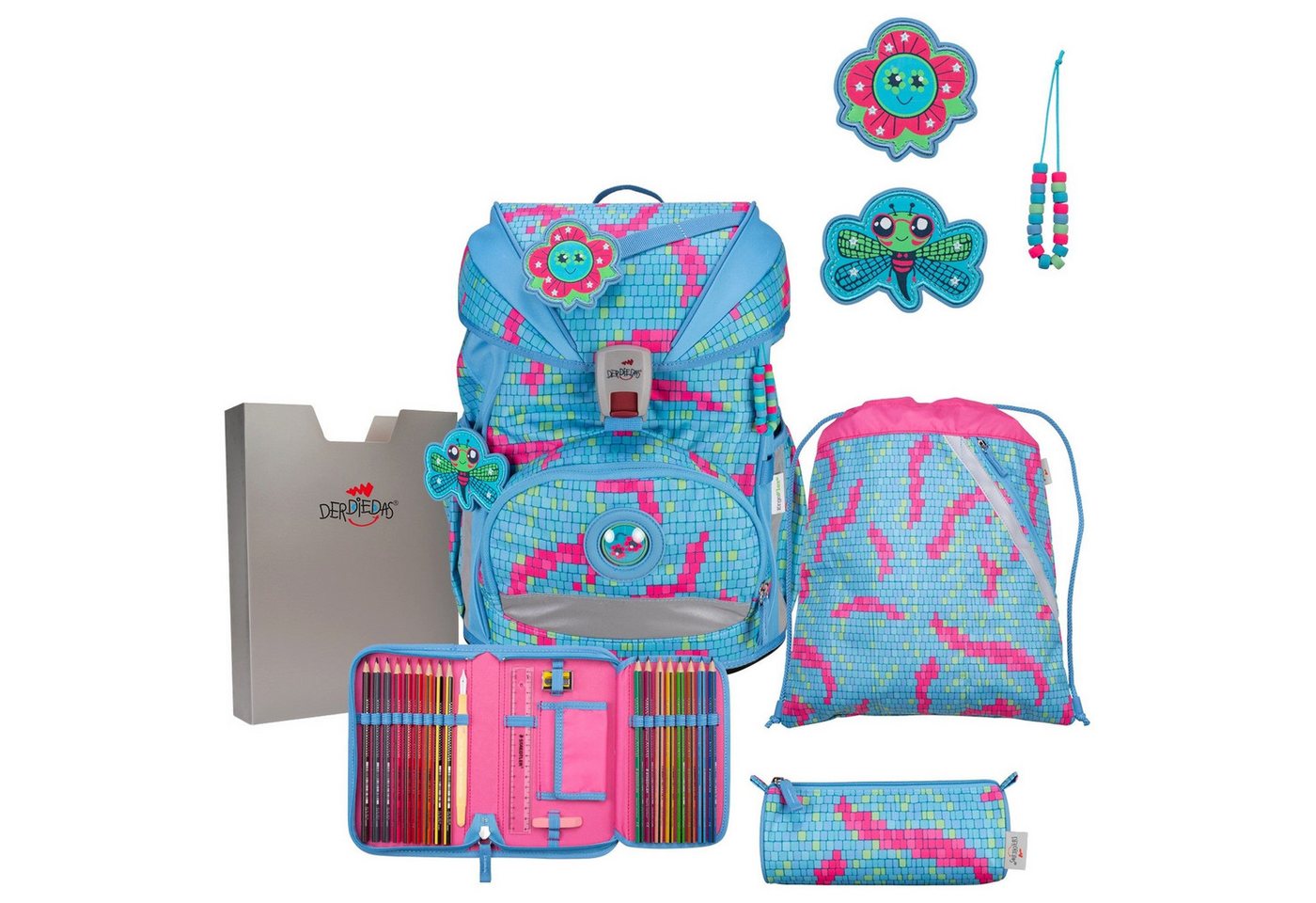 DerDieDas® Schulranzen ErgoFlex Superlight - Schulrucksack Set 5tlg. 650g (Happy Pixel) von DerDieDas®